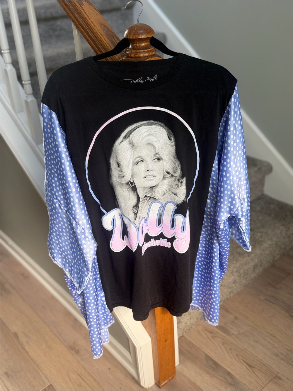 Dolly Graphic Tee with Polka Dot Sleeve Overlay - Black & Light Blue